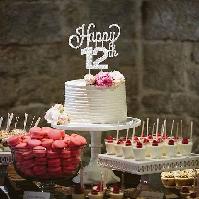 LINGTEER Happy 12th Birthday Silver Rhinestone Cake Topper - Cheers to 12th Birthday Twelve Years Old Party Cake Centerpieces Topper Decorations Gift Sign.
