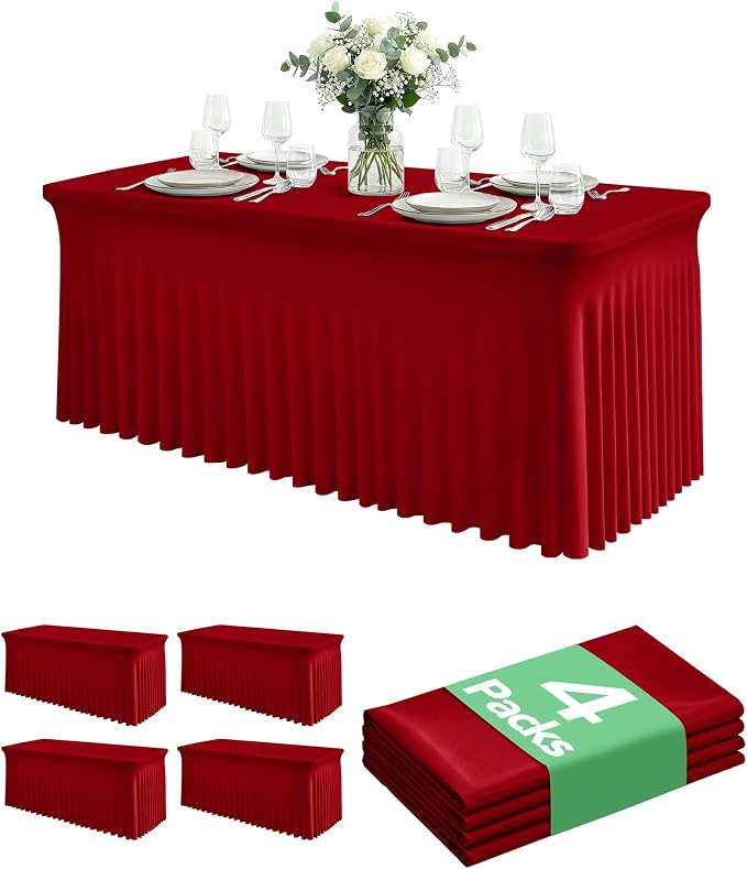 4 Pack Spandex Table Cover Skirts for 6ft Rectangle Tables, Red Stretch Table Cloths with Floor-Length Ruffle, Elastic Fitted Skirted Tablecloth for Elegant Wedding Banquet Party Buffet Decoration