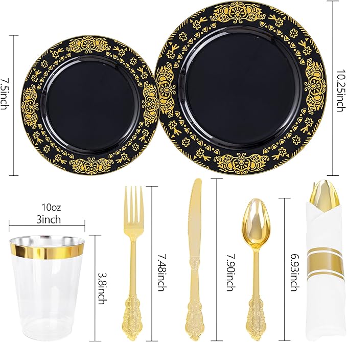 GATHER 350PCS Black and Gold Plastic Plates - Gold Disposable Dinnerware Set Include 50 Dinner Plates, 50 Dessert Plates, 150 Gold Plastic Silverware, 50 Napkins, 50 Cups for Wedding & Party