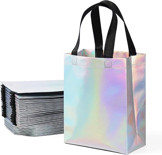 huichuan 25 Pack Iridescent Reusable Gift Bags with Handles Bulk, Holographic Rainbow Small Gift Bag for Women Kids, Eco-Friendly Non-Woven Party Favor Goodie Bags for Birthday, Valentine, Baby Shower, Wedding Treats