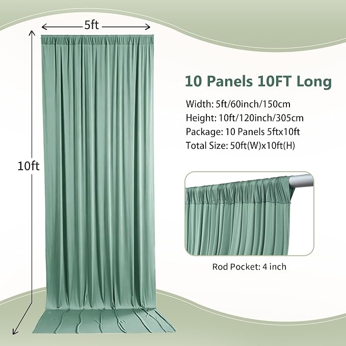 50ft×10ft Wrinkle Free Sage Green Backdrop Curtain for Parties | 10 Panels 5×10ft Soft Silky Polyester Green Photo Backdrop Drapes for Wedding Forest Party Baby Shower Decor Back Drop Cloth