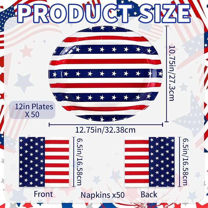 OuMuaMua 100 Pcs American Flag Patriotic Party Supplies, 12"x10" Oval Red White and Blue Paper Plates and Napkins Set, Heavy Duty Disposable Dinnerware for 4th of July, Independence Day, Veterans Day