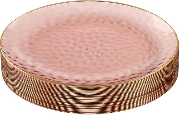 PLASTICPRO 30 Pack Hammered Plastic Plates Heavyweight Disposable Plastic Plates Elegant Rose Hammered with Gold Rim Platsic Party Dishes (Rose With Gold Rim, 10'' INCH PLATES)