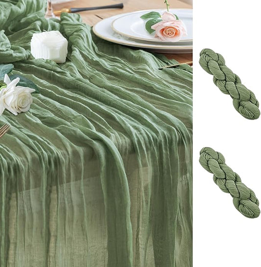 Wokceer Sage Green Cheesecloth Table Runner Spring 2Pack 10FT Boho Gauze Easter Table Runner for Party Long Rustic Sheer Runners for Baby Bridal Shower Wedding