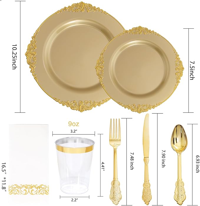 Morejoy 175PCS Solid Gold Plastic Plates with Gold Rim, Disposable Dinnerware Sets Include 25 Dinner Plates,25 Dessert Plates,25 Cutlery Sets,25Cups,25 Napkins Perfect for Party & Wedding