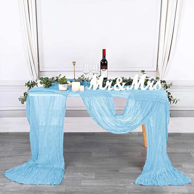 12 Pack 10Ft Baby Blue Cheesecloth Table Runner 35 x 120 inch Boho Gauze Cheese Cloth Table Runner Vintage Rustic Sheer Runners for Wedding Bridal Shower Birthday Party Cake Table Decorations