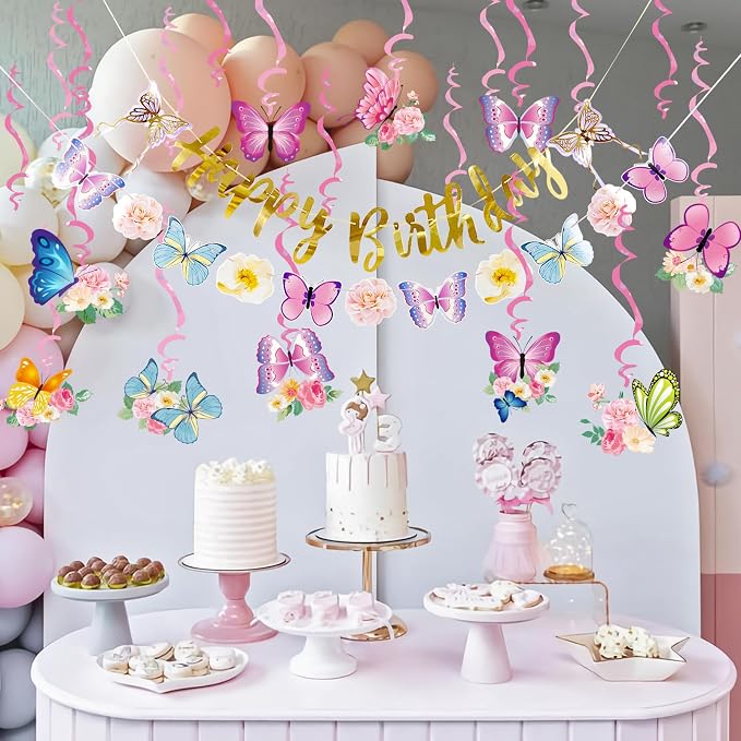 SUNBEAUTY 22PCS Butterfly Birthday Party Decorations Pre-strung Birthday Banner Garland for Women & Girls Colorful Butterfly Hanging Swirls Decorations Summer Themed Ceiling Decor for Kids Bday party