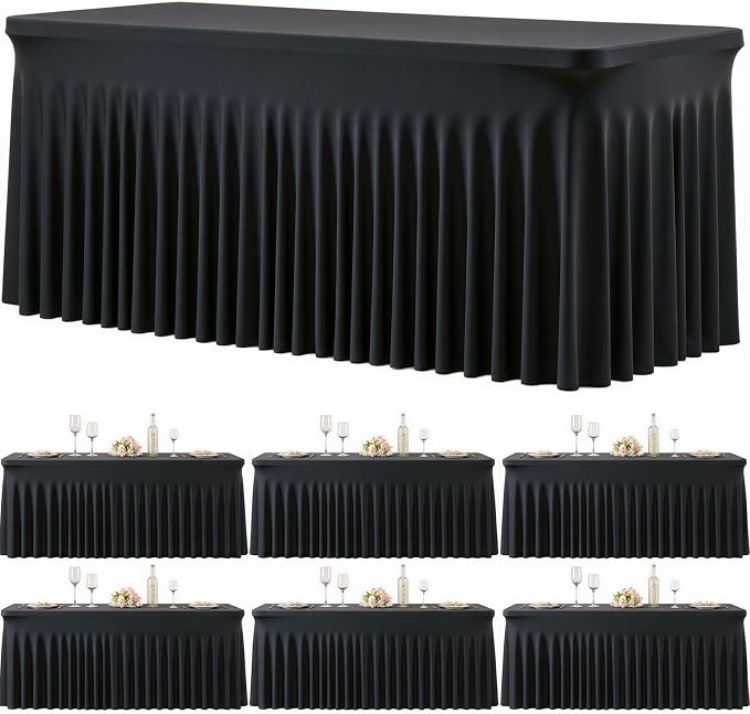 6 Pack Black Table Cloth for 8 Foot Rectangle Tables Spandex Fitted Tablecloth 8ft Stretch Table Covers Skirt Black Banquet Tablecloths Wrinkle Free Tablecloth for Party Wedding Birthday Event