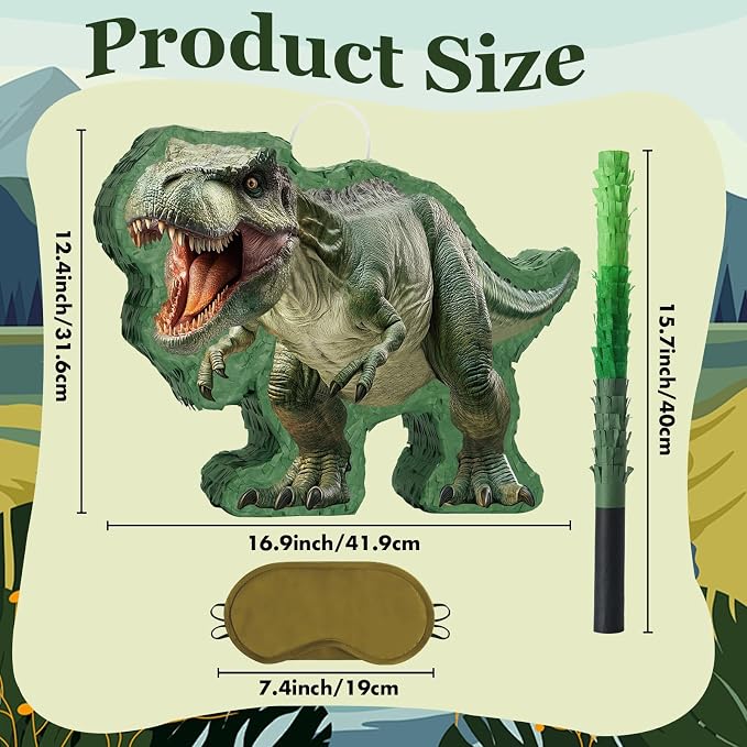 WERNNSAI Dinosaur Piñata - Jungle Dinosaur Piñata Bundle with Blindfold and Bat for Kids Boys Jungle Dinosaur World Birthday Party Decorations Family Games Dino Theme Party Supplies