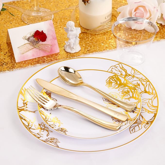 DaYammi 210Pcs White Gold Plastic Plates for Party,Gold Disposable Dinnerware Set Includes 60 gold Floral Plates,30 Plastic Silverware,30 Per Rolled Napkins,30 Cups for Mother's Day Party Wedding
