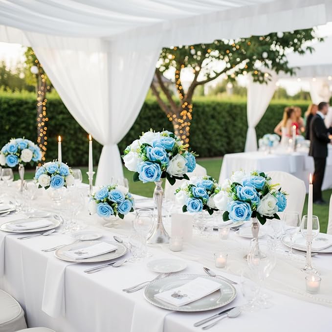 Artificial Flower Centerpieces for Tables: 6pcs of Rose Flower Balls, Flower Kissing Balls, Fake 15-head Plastic Flower Roses with Base for Birthday Party Christmas Home Wedding Decor (Blue White)
