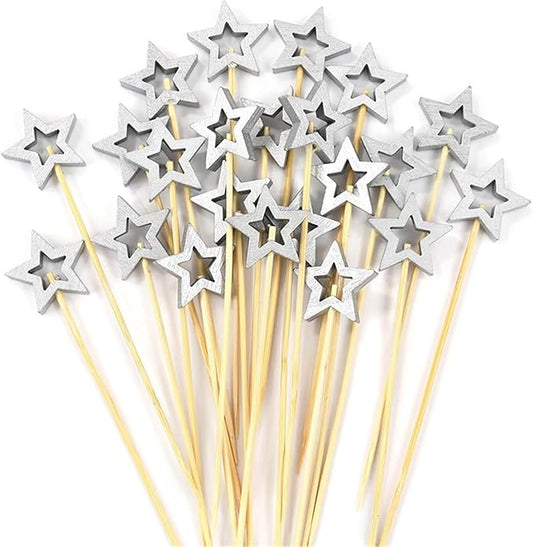 Cupcake Toppers 200Pcs Star Disposable Bamboo Skewers Buffet Fruit Food Picks Cocktail Sticks Christmas Decoration Birthday Wedding(Silver)
