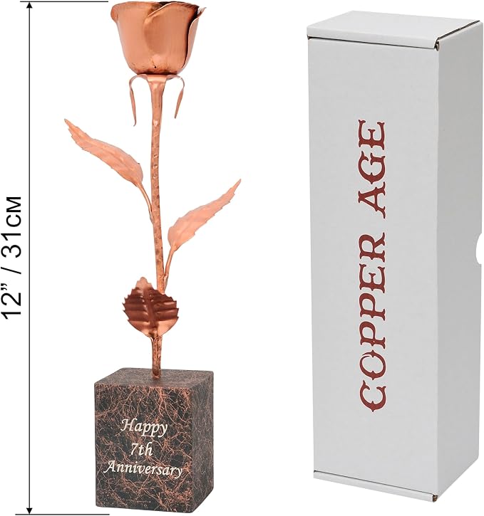 Personalized Copper for Wife – 7th or 22nd Wedding Anniversary Rose – Custom Engraved Solid Copper Flower – 12 Inch Metal Keepsake