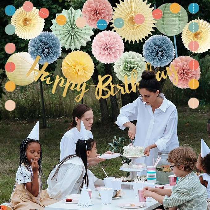 Pastel Birthday Decorations Retro Boho Rainbow Party Decor with Happy Birthday Banner Sage Green Dusty Pink Blue Yellow Cream Paper Pom Poms Paper Lanterns for Women Girls Boys