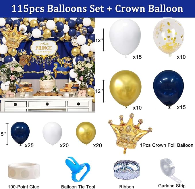 262PCS Royal Prince Baby Shower Decorations, Little Prince Party Supplies, Royal Blue Prince Disposable Dinnerware Set (24 Guest) with Napkins, Backdrop, Balloon Garland Kit, Tablecloth