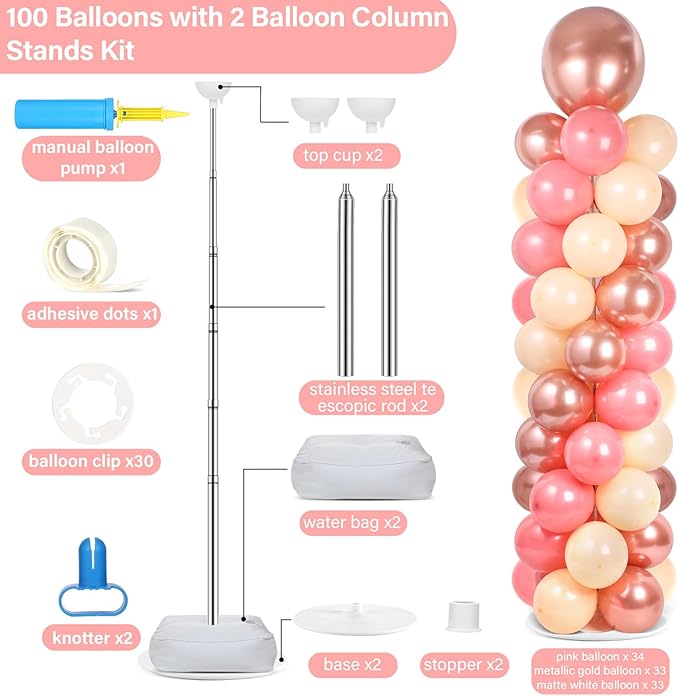2 Sets Rose Gold Balloon Column Stand Kit with 100 Balloons Adjustable Balloon Tower Stand with Bases for Floor Balloons Column Kit for Wedding Graduation Birthday Appreciation Party Decor