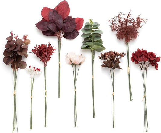 Ling's moment Artificial Greenery Stems Box Set, 46pcs with 9 Kinds of Faux Greenery Picks for DIY Bridal Bouquets Wedding Floral Arrangement Table Centerpieces, Burgundy & Dusty Rose