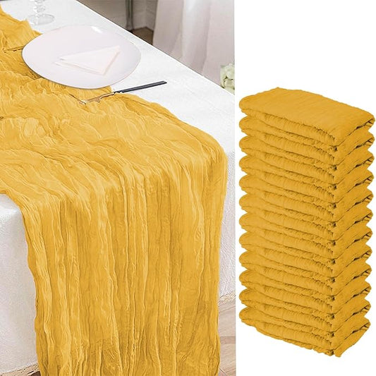 12 Pack Gold Cheesecloth Table Runner, 35x120 Inch Mustard Boho Gauze Table Runner 10ft Rustic Sheer Cheese Cloth Runners for Bridal Shower Wedding Party Baby Shower Table Decor