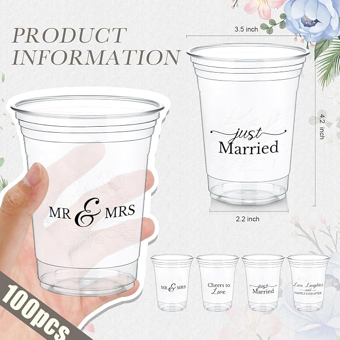 Jingmore 100 Pcs Wedding Plastic Cup 12 oz Wedding Disposable Cups for Reception Thick Clear Cup Happily Ever After Mr and Mrs Just Married Cups for Bridal Shower Decorations (White Floral)