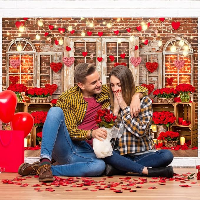 Red Rose Brick Wall Backdrop 7x5ft Romantic Love Theme Anniversary Backdrop Banner Vintage Door Window Light Decor for Engagement Wedding Couples Date Night Party Photo Booth Props (82x59inch)