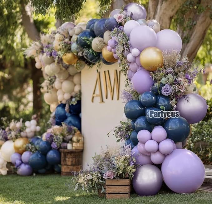 Navy Blue Purple Balloon Arch Double Stuffed Dark Blue Pastel Lavender White Sand Ivory Balloon Garland Kit Clear Bobo Metallic Lilac for Baby Shower Wedding Birthday Mother Day Graduation Party Decor