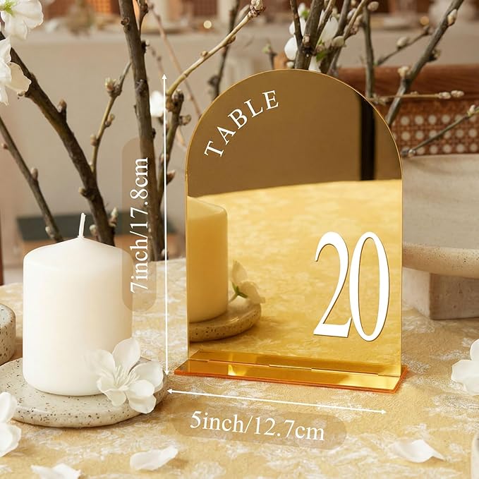 AceOrbit Gold Wedding Table Numbers 1-20 with Stands 5" x 7" Gold Acrylic Wedding Signs with Holder Mirrored Arch Numbered Signage Double Sided Tabletop Reception Sign for Anniversary, Event Decor