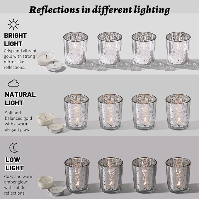LETINE 48pcs Silver Votive Candle Holders – Glass Tea Light Candles Holder, Standard Votive Size for Regular Votive Candles – Bulk Candle Holder for Party Decoration, Bridal Shower, Holiday