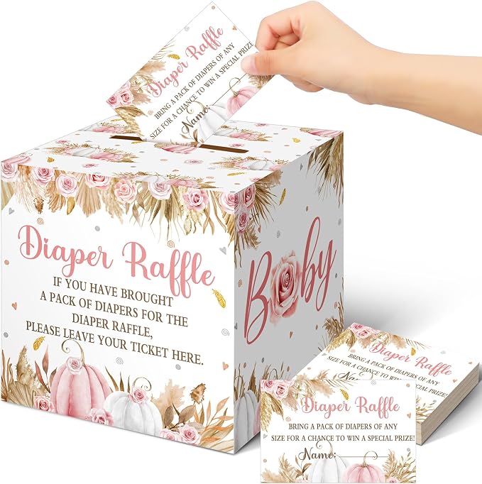 Teling 51 Pieces Diaper Raffle Tickets with Card Box Baby Shower Decorations Baby Shower Holder Box for Girl Boy Diaper Raffle Party(Boho Pumpkin)