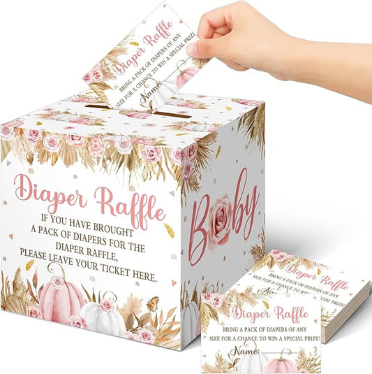 Teling 51 Pieces Diaper Raffle Tickets with Card Box Baby Shower Decorations Baby Shower Holder Box for Girl Boy Diaper Raffle Party(Boho Pumpkin)