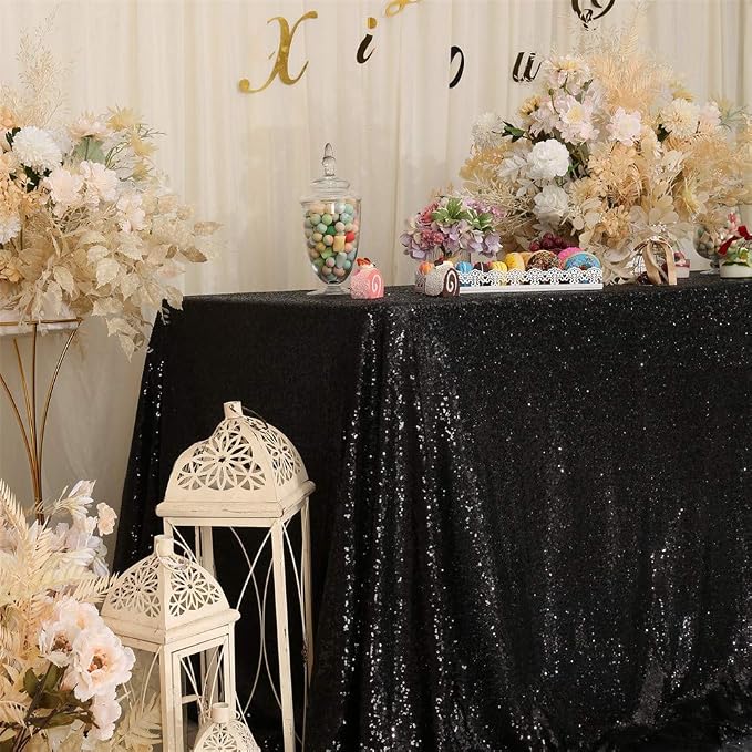 Eternal Beauty Black Tablecloth, 60x102 Inch Sequin Rectangle Table Cover for Cake Dessert Exhibition Party Birthday Events