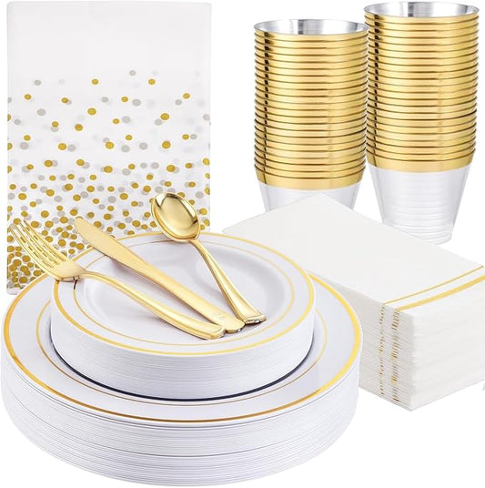 GATHER 176 Pieces Gold Dinnerware Disposable - White and Gold Plastic Plates Includes 50 Plates, 25 Plastic Silverware, 25 Napkins, 25 Cups and 1 Tablecloth for Wedding Party