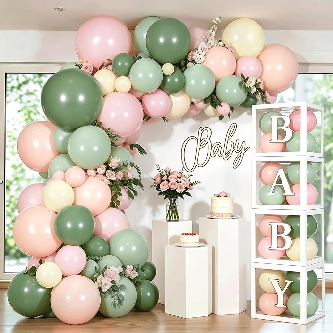 Pink and Green Balloon Baby Shower Decorations for Girl, Sage Light Green Pink Ivory Orange Balloon Arch Kit Baby Boxes with Letters for Gender Reveal Wedding Girl Birthday Boho Floral Party Decor