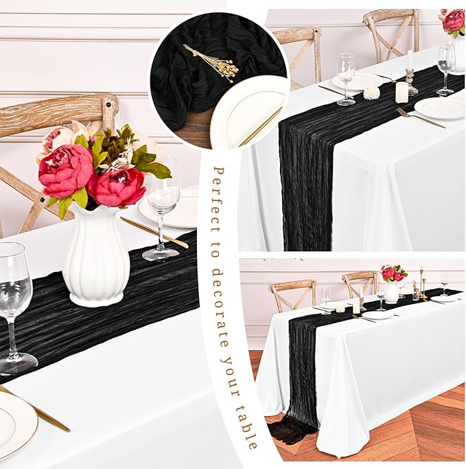 24 Pack Black Cheesecloth Table Runner,10FT Gauze Boho Long Cheesecloth Table Runners 20x120inch Rustic Cheese Cloth Table Runner for Wedding Party Bridal Shower,Table Decorations
