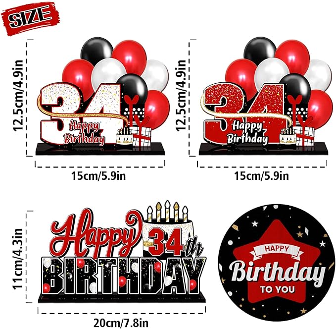 LINGTEER Happy 34th Birthday Red Acrylic Table Topper Centerpieces Set - Cheers to 34 Years Old Birthday 34th Bday Party Gift Decorations.
