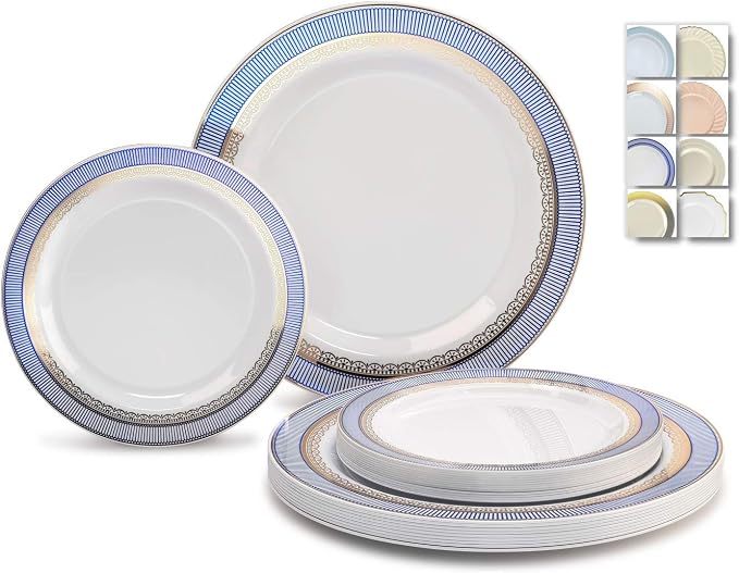 OCCASIONS 240 Disposable Plates for 120 Guests, Fancy Blue & Gold Heavyweight Scalloped Plastic Dinnerware Set for Wedding Party, BPA Free - 10.5" Dinner + 7.5" Salad/Dessert, Louvre in Blue & Gold