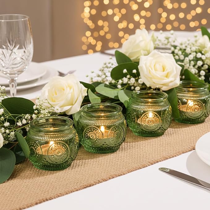 24 Pcs Green Candle Holder-Floral Style Vintage Candle Holders for Wedding Table Centerpieces, Bridal Shower Decor, Rustic Wedding Decor, Tea Party