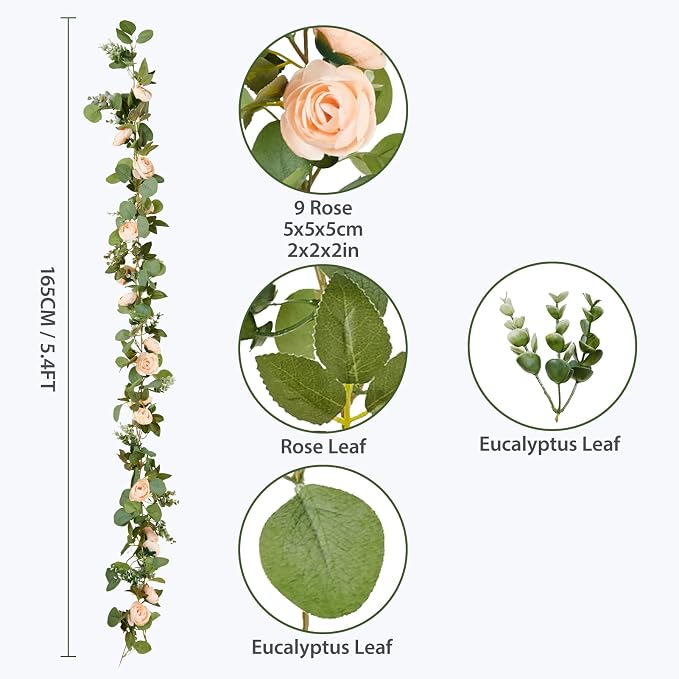 PONKING Flower Garland Artificial Rose Vine Flowers Hanging Fake Roses Vines for Wedding Birthday Party Valentines Christmas Room Wall Arch Decor, 2 Off White Floral Garland Decorations