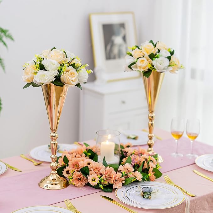 Gold Vase Centerpiece Table Decorations - 2 Pcs Metal Tabletop Flower Stand, Wedding Decorations for Reception, 16.5in Trumpet Tall Flower Vase for Birthday, Weddings, Anniversary Ceremony, Home Decor