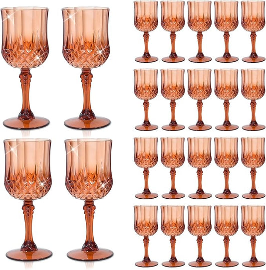 CHLJAR 24 PCS Plastic Rose Gold Wine Glasses Goblets Rose Gold Vintage Wine Glasses, Reusable Drinkware Vintage Champagne, Plastic Goblets for Parties for Wedding Reception Grand Event Party, 7oz
