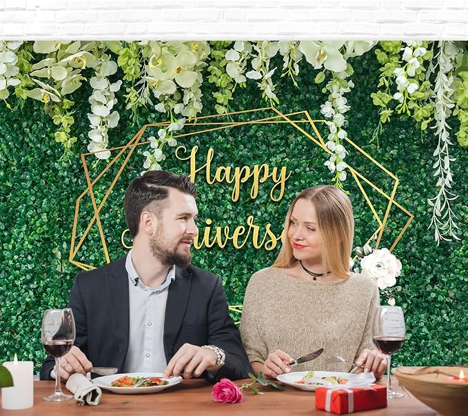Happy Anniversary Banner Backdrop Decorations Green Leaves Wall Couple Wedding Photography Background Floral Happy Anniversary Backdrop Party Decoration Banner 5.9×3.6Ft