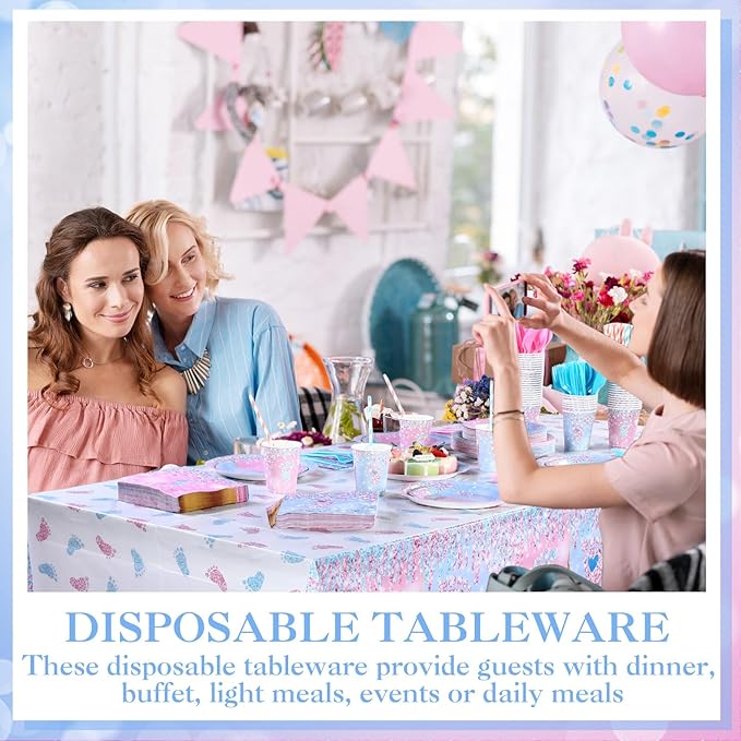 Funnymoom 452 Pcs Gender Reveal Party Decoration for 50 Guests, Boy or Girl Paper Plates and Napkins Cups Tablecloth Cutlery Disposable Tableware Set for Gender Reveal Party Supplies