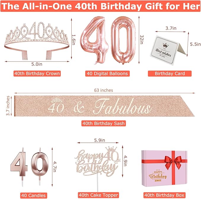 40th Birthday Decorations Women, Include 40th Birthday Sash and Crown, Cake Topper and Candles, Number Balloons, 40 Year Old Gifts for Women