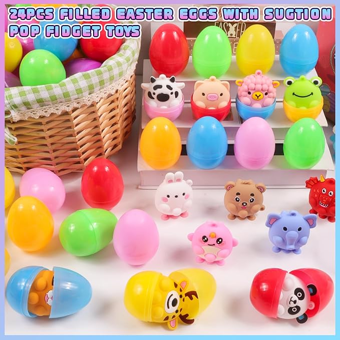 ChildFun Prefilled Easter Eggs with Light Up 3D Animal Pop Toys, 24 Pack Easter Eggs Filled, Easter Basket Stuffers for Toddler Eggs Hunt, Glow in The Dark Easter Egg, Easter Gifts for Kids