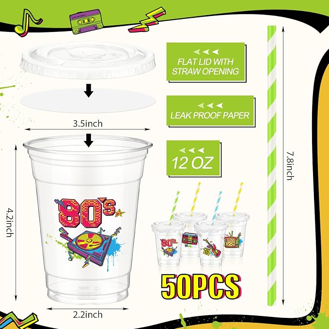 FoldTier 50 Pcs 80's Party Cups Disposable Plastic Cup 12 Oz G Back to 80s mugs Thick 80s Theme Clear mug Lids Straws Retro Music Party Supplies Throwback Dance Birthday Favor Table Decorations