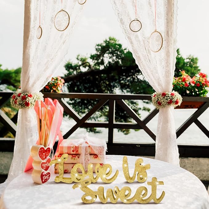 Love Is Sweet Table Decor Hollow Sign Wooden Love Is Sweet Sign for Dessert Table Freestanding Wood Is Wooden Letter Top for Wedding Shelf(Glitter Gold)