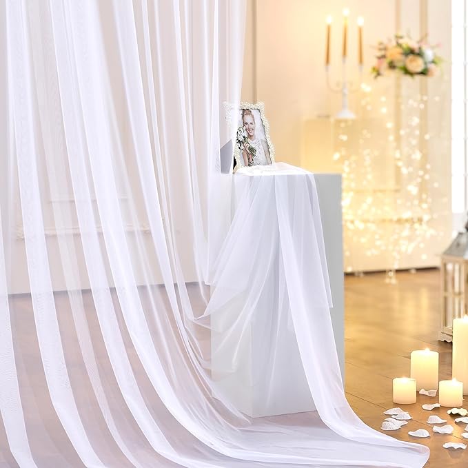 20ft x 10ft White Sheer Tulle Backdrop Curtain with Lights String- Wedding Backdrop Decorations for Reception Ceremony Home Party Photoshoot Background Fabric Curtains Backdrop