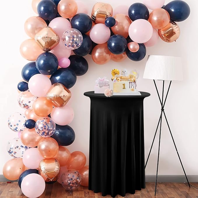 2 Pack Black Round High Top Cocktail Table Cloth 36×43 Inch, Wrinkle Free Stretch Spandex Cocktail Tablecloths Table Covers with Wavy Skirt, for Cocktail Party Banquet Birthday Bar