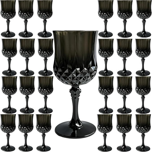 XKXKKE 24 Pcs Black Plastic Wine Glasses, Plastic Water Goblets for Parties, Stemmed Drinking Glasses for Wedding Reception, Grand Event Party Bar Supplies Reusable Drinking Cups