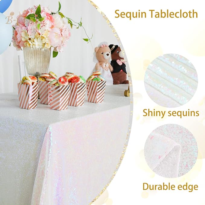 B-COOL Sequin Tablecloth White Iridescent Table Overlay Rainbow Table Cloths 90x132inch Seamless Tablecloth Sparkly Wedding Party Decorations