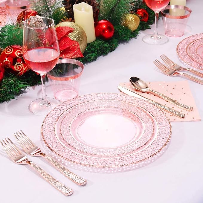 Supernal 360pcs Rose Gold Plastic Silverware, Heavy Duty Disposable Cutlery | Hammered Flatware Cutlery (120 Forks, 120 Knives, 120 Spoons) Bulk Pack for Weddings, Birthdays, and Holiday Theme Parties